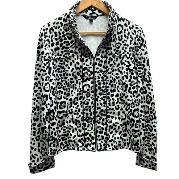 Lisa Intl Leopard Texture Jacket M‎ Black White Zip Up Casual Animal Print - Picture 1 of 6